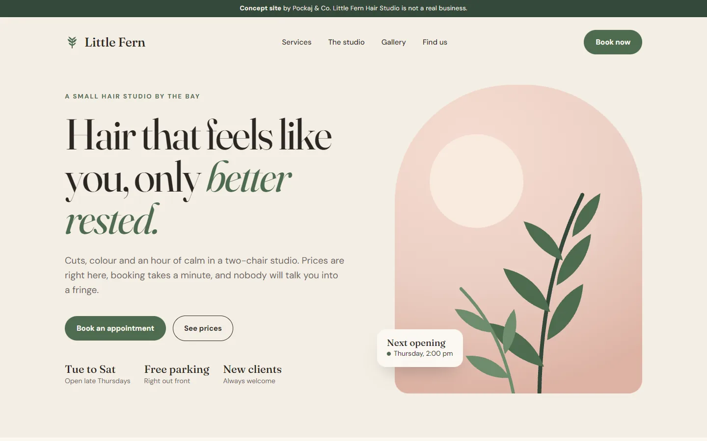 Concept home page for Little Fern Hair Studio, a made-up salon
