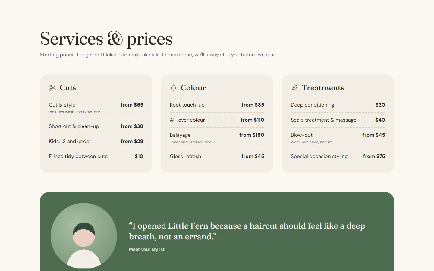 The Little Fern concept services and prices section