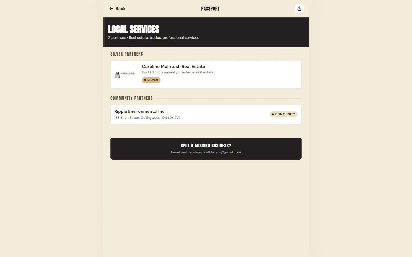 A category page on the passport, listing local businesses with their offers