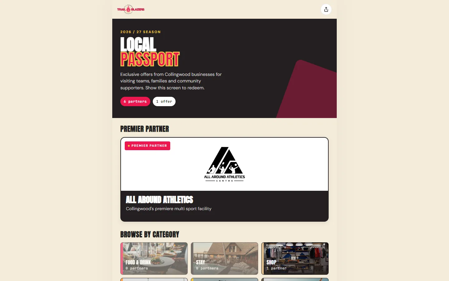 The Trailblazers Local Passport home page, showing local businesses grouped by category